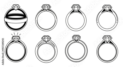 Collection of diamond rings in various styles and designs, showcasing engagement and wedding jewelry with precious gemstones and metallic bands