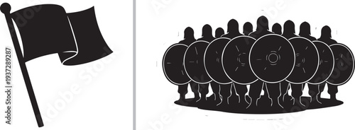 Black silhouette vector illustration featuring a waving flag on a pole and a phalanx of ancient warriors or riot police standing unified with round shields.