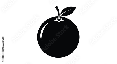 Simple black and white illustration of a ripe orange with a leaf