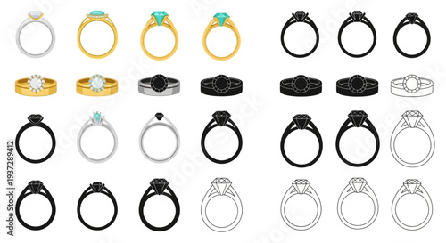 Collection of sparkling gemstone and plain metal rings, showcasing various designs from classic solitaires to modern bands, presented in both vibrant color and monochrome line art styles