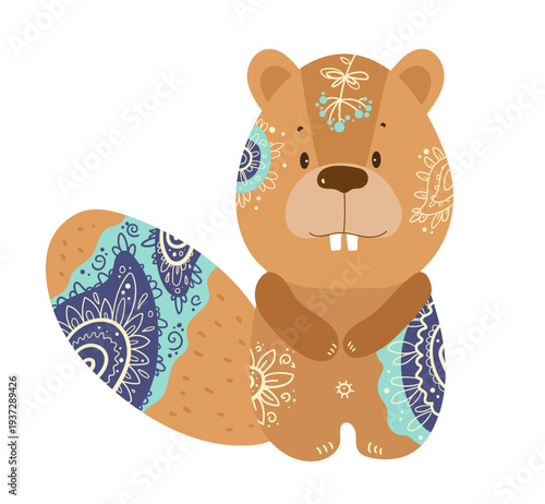 Cute stylized beaver decorated with ornamental ethnic patterns. Cartoon vector illustration of forest animal isolated on white background.