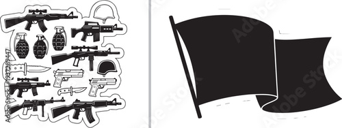 A black waving flag silhouette alongside a collection of tactical gear icons, including various assault rifles, handguns, grenades, combat knives, and a military helmet.
