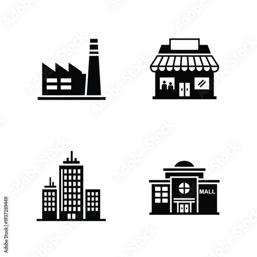 A visual grouping of black and white building icons features a factory, small shop, tall office towers, and a large retail center.