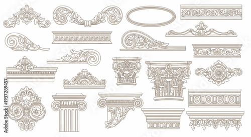 Collection of elegant architectural decorative elements and ornate scrollwork designs in beige, showcasing classical and vintage detailing for design projects