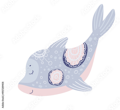 Cute stylized dolphin decorated with ornamental ethnic patterns. Cartoon vector illustration of marine mammal isolated on white background.