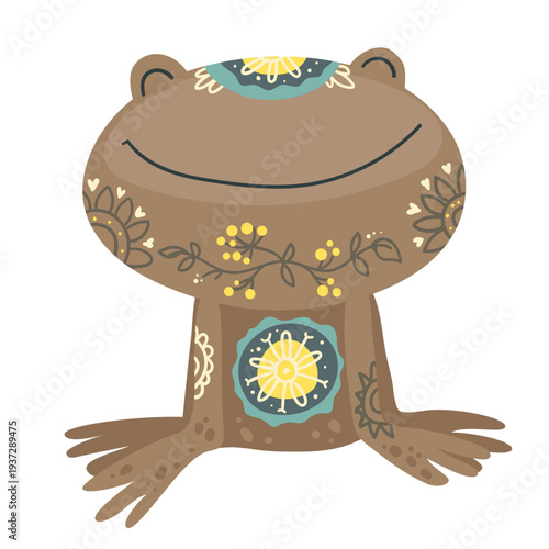 Cute stylized frog decorated with ornamental ethnic patterns. Cartoon vector illustration of amphibian isolated on white background.