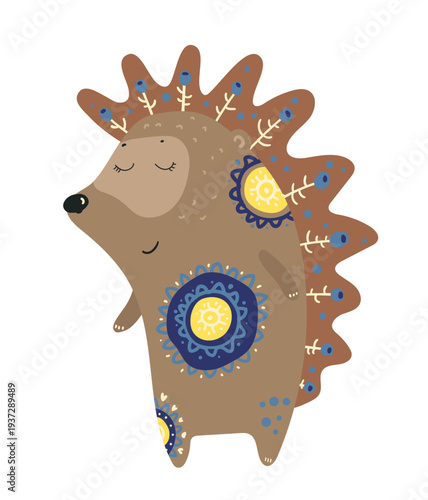 Cute stylized hedgehog decorated with ornamental ethnic patterns. Cartoon vector illustration of forest animal isolated on white background.