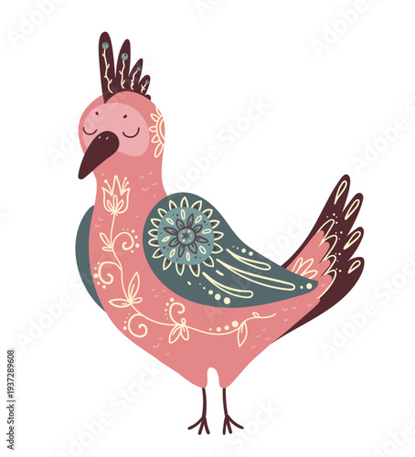 Stylized bird decorated with ornamental ethnic patterns. Cartoon vector illustration of cute bird isolated on white background.