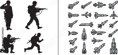 Black silhouettes showing soldiers in saluting, marching, kneeling, and running poses, paired with a collection of various missile, rocket, and projectile icons.