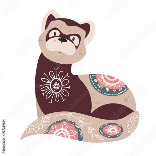 Stylized ferret decorated with ornamental ethnic patterns. Cartoon vector illustration of cute animal isolated on white background.