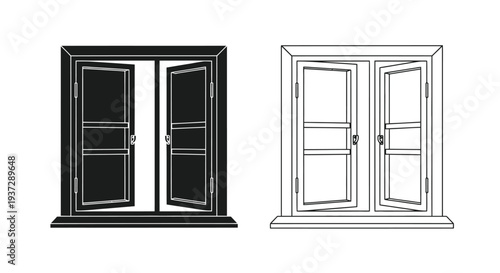 Black and white illustration of a pair of french doors in two variations