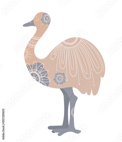 Stylized ostrich decorated with ornamental ethnic patterns. Vector illustration of exotic bird isolated on white background.