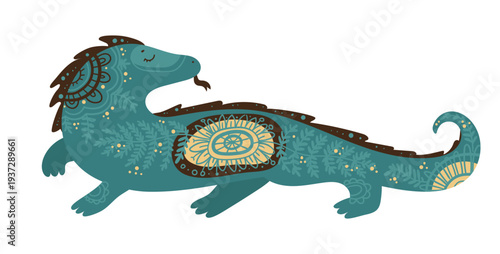 Stylized iguana decorated with ornamental ethnic patterns. Vector illustration of tropical reptile isolated on white background.