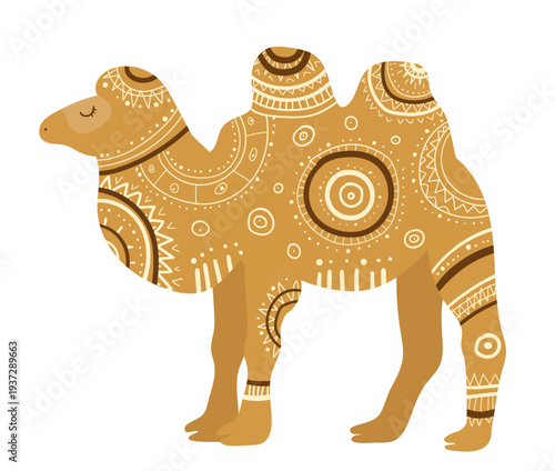 Stylized camel with ethnic ornamental patterns. Decorative desert animal vector illustration isolated on white background.
