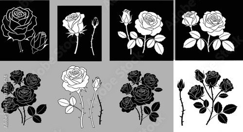 Set of outline and silhouette illustrations of roses and buds, with and without stems and leaves, on black and white backgrounds for graphic design
