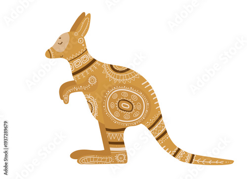 Stylized kangaroo with ethnic ornamental patterns. Australian wildlife animal vector illustration isolated on white background.