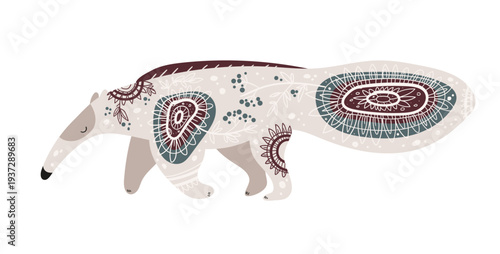 Stylized vector illustration of an anteater decorated with ornamental tribal patterns. Decorative wild animal isolated on white background.