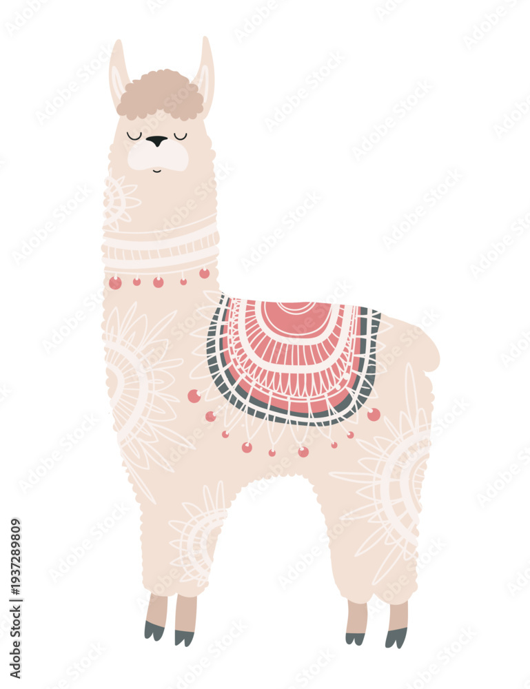 Fototapeta premium Stylized vector illustration of a llama decorated with ethnic ornamental patterns. Decorative mountain animal isolated on white background.