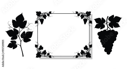 Elegant black frame adorned with grape leaves and vines minimalist design