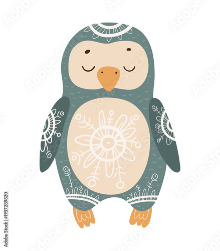 Stylized vector illustration of a penguin decorated with ethnic ornamental patterns. Decorative arctic bird isolated on white background.