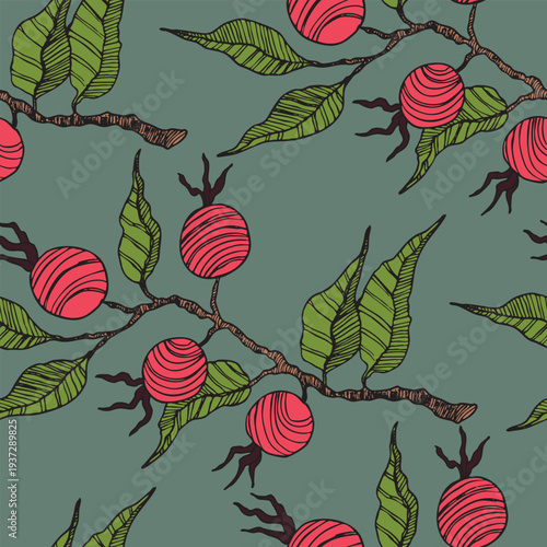 Seamless pattern with Rose hip, cranberry. Natural fresh ripe tasty blueberries. Vector illustration for background, packaging, textile, fabric and various other designs. Food concept.