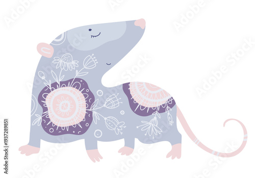 Stylized vector illustration of a rat decorated with ethnic ornamental patterns. Decorative rodent isolated on white background.