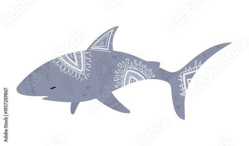 Decorative vector illustration of a shark covered with tribal patterns. Stylized marine animal isolated on white background.