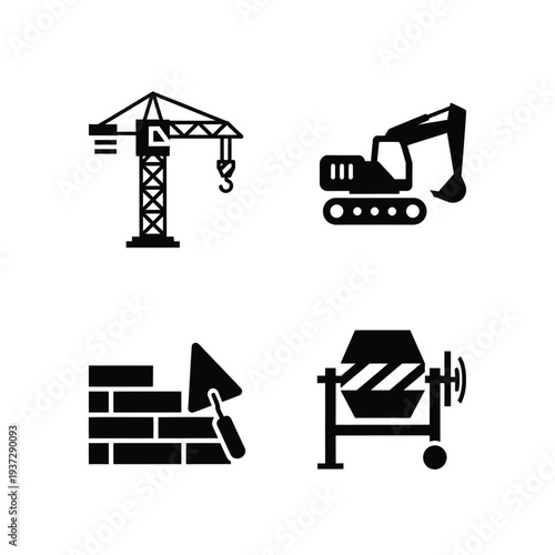 Construction equipment icons including a crane, excavator, trowel with brickwork, and a cement mixer are displayed together.
