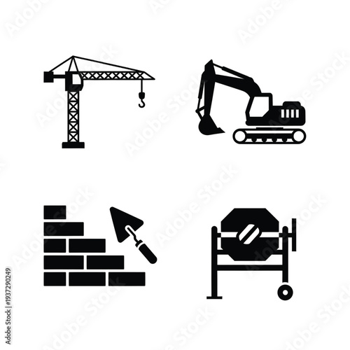 Construction site equipment icons show a tall tower crane, a tracked excavator, bricklaying with a trowel, and a portable cement mixer.