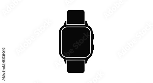 Simple black and white illustration of a modern smartwatch on a strap