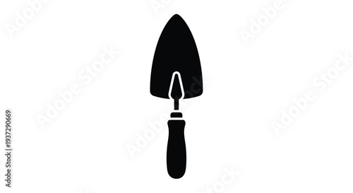 Simple black silhouette of a gardening trowel on a white background