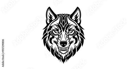 Black and White Wolf Head Illustration.