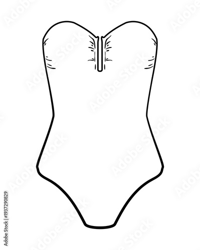 Outline illustration of bandeau one piece swimsuit with front notch detail. Minimal flat vector swimwear isolated on white background.