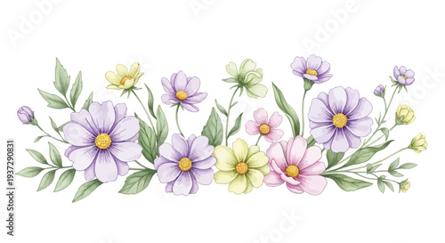 An elegant watercolor horizontal arrangement of gentle purple, light green, and soft yellow flowers with delicate foliage.