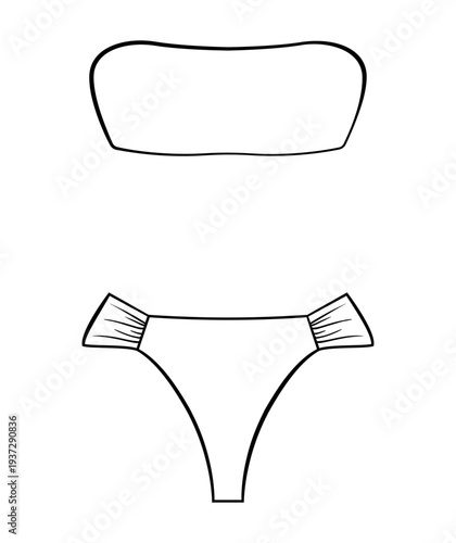 Black outline of women bandeau bikini top and bottom with side ruffles. Minimal line vector illustration of female swimwear isolated on white background.