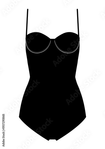 Black silhouette of women bustier one piece swimsuit with molded cups and thin straps. Minimal flat vector illustration of female swimwear isolated on white background.