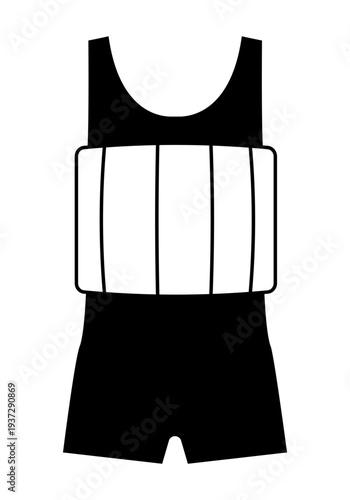 Black silhouette vector illustration of a boys one piece swimsuit with short legs and built in flotation belt at the waist. Minimal flat swimwear design isolated on white background.