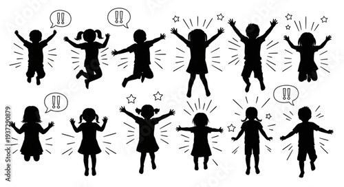 Children Jumping Silhouettes Happy Freedom.