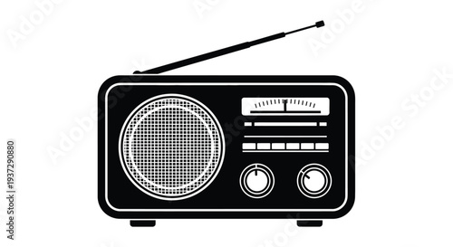Simple black and white illustration of a vintage transistor radio