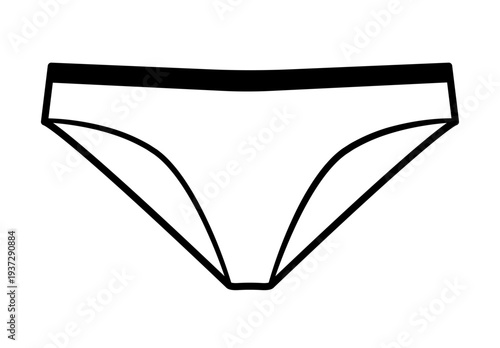 Black silhouette vector illustration of classic female bikini bottoms with wide waistband. Minimal flat swimwear design isolated on white background.