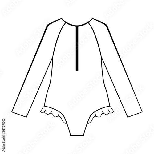 Outline vector illustration of a girls long sleeve one piece swimsuit with small ruffle detail. Flat swimwear design for kids isolated on white background.