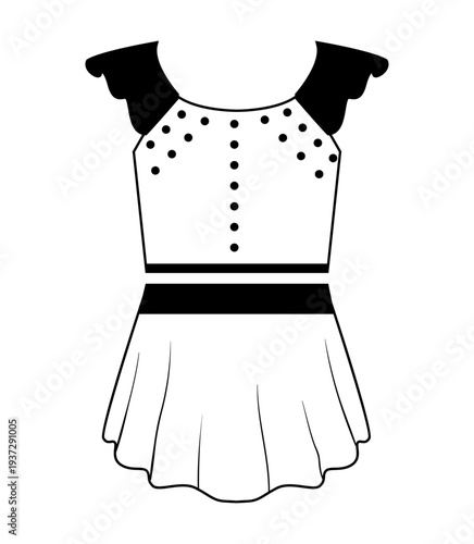 Vector illustration of a girls figure skating dress with polka dot top and short skirt. Flat sports costume design isolated on white background.