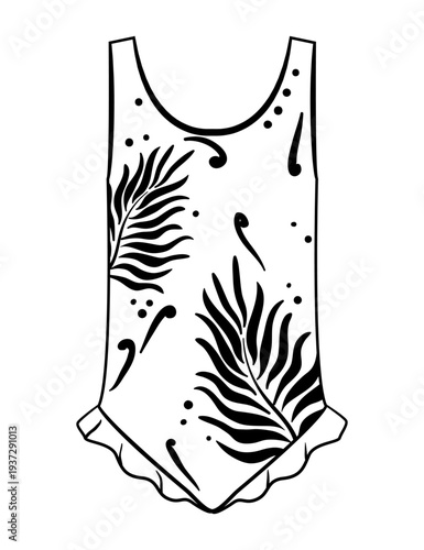 Children's sleeveless one-piece swimsuit featuring a palm leaf print and a ruffled hem.