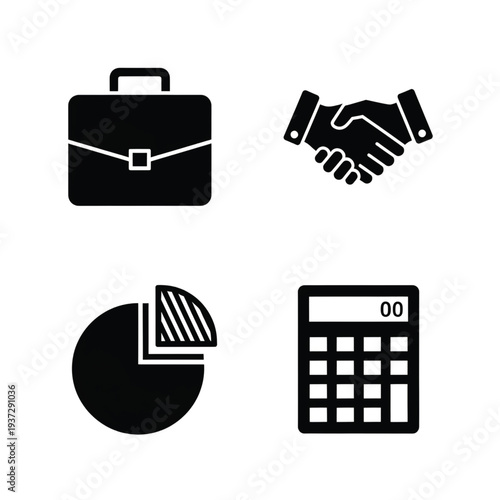 Four essential business icons include a briefcase, a handshake, a detailed pie chart, and a functional electronic calculator for finance.