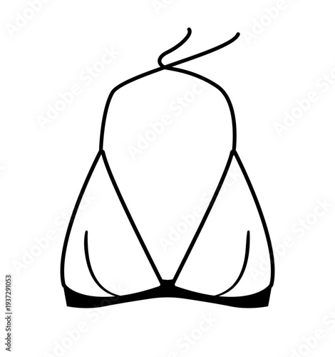 Line silhouette of halter bikini top with neck tie straps. Minimal flat vector illustration of women swimwear isolated on white background.