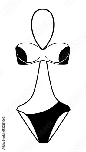 Outline vector illustration of a women halter bikini with long tie strings and classic bikini bottoms. Flat swimwear fashion design isolated on white background.