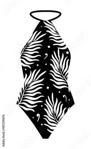 Outline vector illustration of a women halter neck one piece swimsuit with tropical leaf pattern. Flat swimwear fashion design isolated on white background.