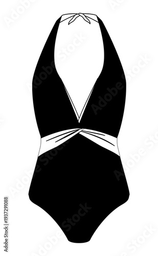 Black silhouette of women halter one piece swimsuit with deep plunge neckline and twisted waist detail. Minimal flat vector illustration of female swimwear isolated on white background.