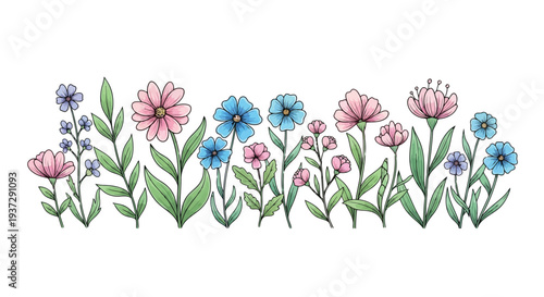 An enchanting watercolor-style border features a lovely array of pink, blue, and purple flowers with green foliage, creating a charming horizontal design.