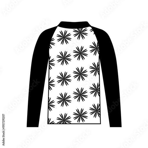 Outline vector illustration of a long sleeve rash guard swim shirt with floral pattern. Flat beachwear and surfing clothing design isolated on white background.